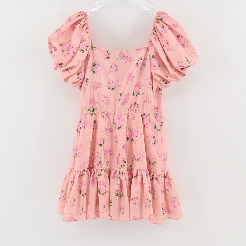 LoveShackFancy Cecile Mini Dress Womens Size 2 Pink Floral Puff Sleeve Tiered - Picture 3 of 12